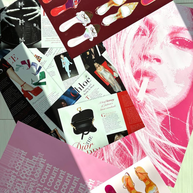 May include: A collage of fashion magazine clippings featuring a large pink-toned portrait, various high-heeled shoes, a black Dior saddle bag, and text snippets including Versace and Chloe. The composition displays multiple overlapping pages.