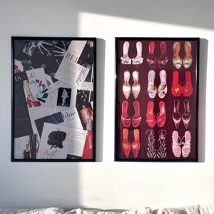 May include: Two framed wall art prints. The left print features a collage of fashion magazine clippings with text including Versace, Bella Hadid, Chloe, and Dior. The right print displays a grid of various red and pink high-heeled shoes.