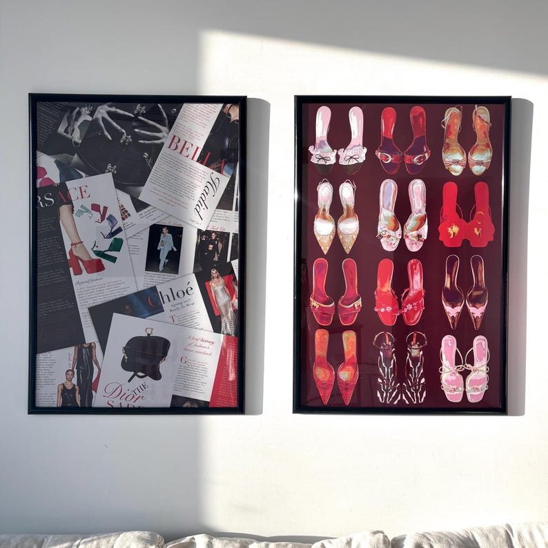 May include: Two framed wall art prints. The left print features a collage of fashion magazine clippings with text including Versace, Bella Hadid, Chloe, and Dior. The right print displays a grid of various red and pink high-heeled shoes.