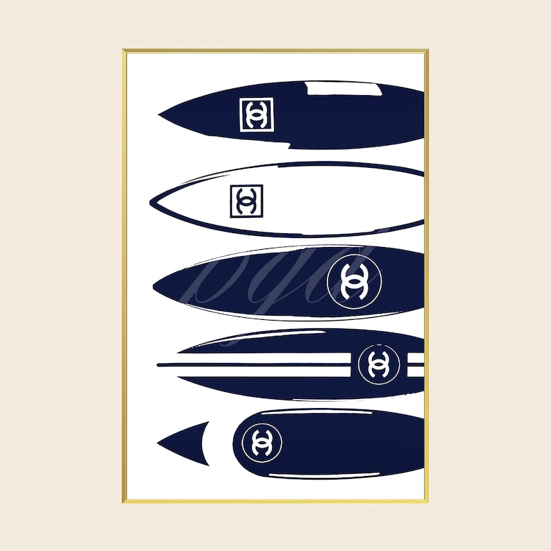 Navy Chanel Surfboards Designer Fashion Wall Art, Chic Vintage Coastal 90s Y2K Girly Poster Print, Living Room Bedroom Apartment Dorm Decor image 1
