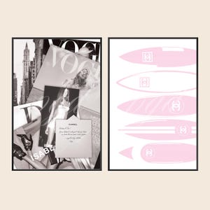 May include: A diptych wall art set featuring a black and white collage of a city skyline, fashion magazine covers, and a Chanel envelope on the left, and five horizontal light pink surfboard shapes with white Chanel logos on the right.