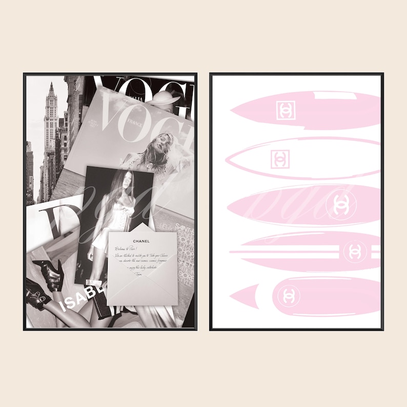 May include: A diptych wall art set featuring a black and white collage of a city skyline, fashion magazine covers, and a Chanel envelope on the left, and five horizontal light pink surfboard shapes with white Chanel logos on the right.