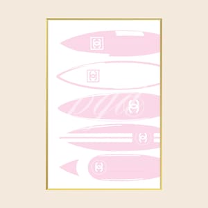 Pink Chanel Surfboards Designer Fashion Wall Art, Chic Vintage Coastal 90s Y2K Girly Poster Print, Living Room Bedroom Apartment Dorm Decor image 1