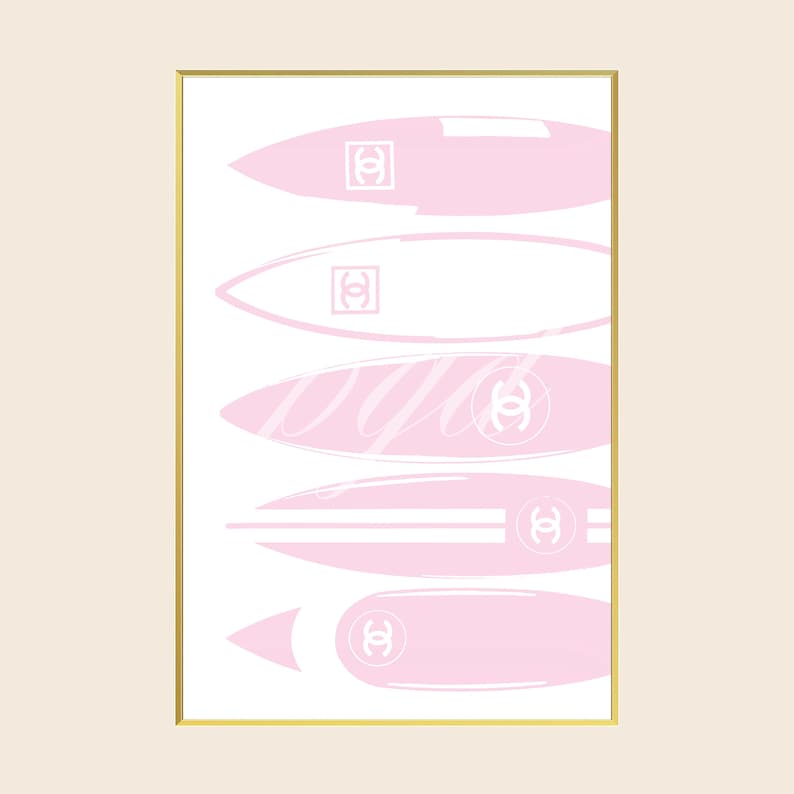 Pink Chanel Surfboards Designer Fashion Wall Art, Chic Vintage Coastal 90s Y2K Girly Poster Print, Living Room Bedroom Apartment Dorm Decor image 1