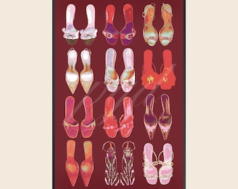 Dark Red Designer Heels Fashion Wall Art, Chic Vintage Y2K Girly Retro Poster Print, Living Room Bedroom Apartment Dorm Decor