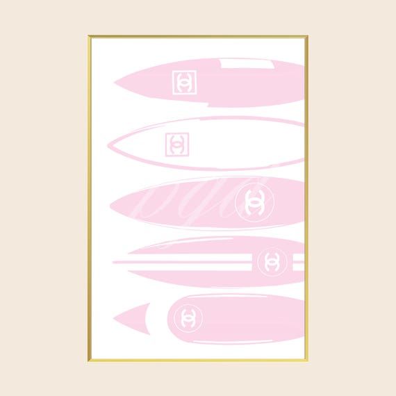 Pink Chanel Surfboards Designer Fashion Wall Art, Chic Vintage Coastal 90s Y2K Girly Poster Print, Living Room Bedroom Apartment Dorm Decor