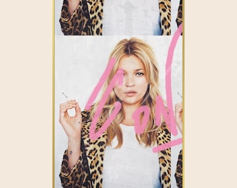 Pink Kate Moss Spray Paint Cheetah Print Wall Art, Chic Vintage 90s Y2K Celebrity Photo Poster Print, Bedroom Apartment Dorm Decor