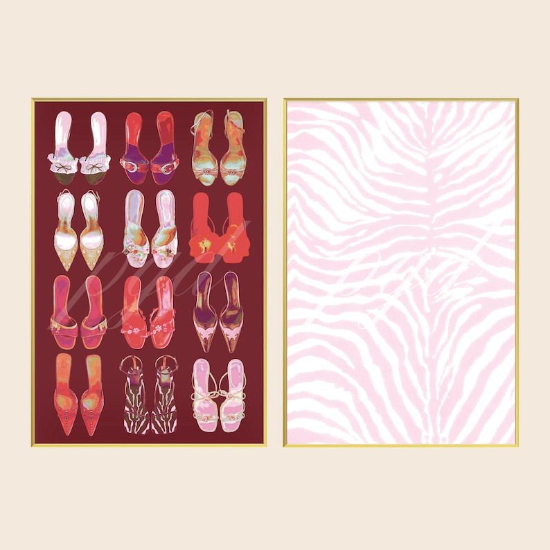 May include: Two rectangular wall art prints in gold frames. The left print features a deep maroon background with a grid of sixteen various high-heeled shoes in shades of pink, red, and white. The right print displays a light pink zebra stripe pattern.