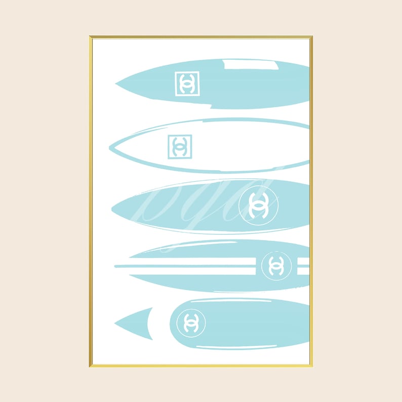 Aqua Teal Chanel Surfboards Designer Fashion Wall Art, Chic Vintage Coastal 90s Y2K Poster Print, Living Room Bedroom Apartment Dorm Decor immagine 1