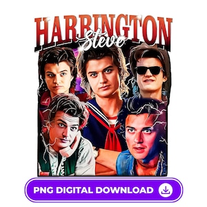 May include: A digital graphic featuring multiple images of a person, with the name "Steve Harrington" in a stylized font. The background is a mix of red, purple, and black. The bottom of the image has the text "PNG DIGITAL DOWNLOAD".