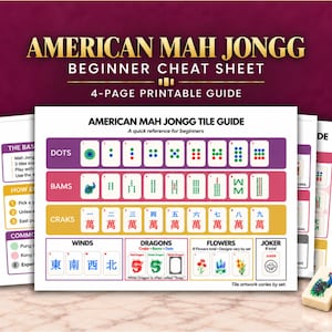 May include: A 4-page printable American Mah Jongg beginner cheat sheet guide featuring a tile reference chart with dots, bams, craks, winds, dragons, flowers, and joker tiles. Two physical Mah Jongg tiles are placed in the foreground.