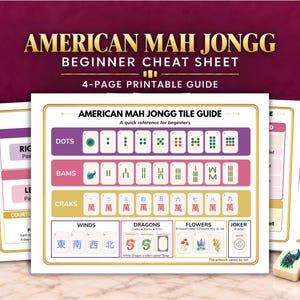 Könnte beinhalten: Ein vierseitiger, druckbarer Leitfaden für Anfänger im amerikanischen Mah-Jongg. Das Dokument enthält eine Übersicht der Spielsteine mit Abschnitten für Punkte, Bambus, Zeichen, Winde, Drachen, Blumen und Joker sowie zwei Spielsteine.