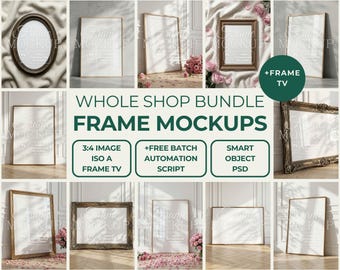 Whole Shop Rahmen Mockup Bundle 30+ PSD Mockups Wand Kunst Mockups Vintage, Minimalistisch, Holz & Boho Goldrahmen ISO A und TV Smart Objekt Display