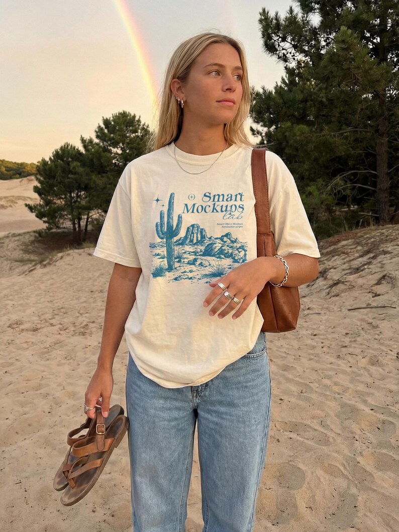 May include: Cream-colored t-shirt with a blue desert landscape graphic and the text "Smart Mockups Lab." The person is wearing light blue jeans and holding brown leather sandals. A brown leather purse is on the shoulder.