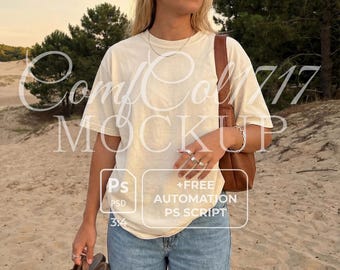 Comfort Colors 1717 Ivory Mockup C1717 Shirt Mockup Oversized T-Shirt Weiblich Modell Outdoor Beach Style Neutral Ästhetik PSD Script Natural