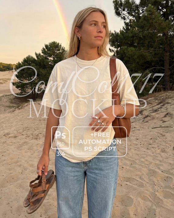 Comfort Colors 1717 Ivory Mockup C1717 Shirt Mockup Oversized Tee Female Model Outdoor Beach Style Neutral Aesthetic PSD Script Natural