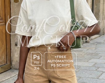 Comfort Colors 1717 Elfenbein Mockup C1717 Shirt Mockup Oversized T-Shirt Weiblich Modell Outdoor Street Style Neutral Ästhetik PSD Script Natural