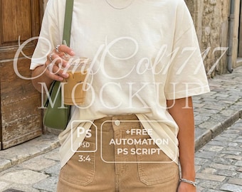 Comfort Colors 1717 Elfenbein Mockup C1717 Shirt Mockup Oversized T-Shirt Weiblich Modell Outdoor Street Style Neutral Ästhetik PSD Script Natural