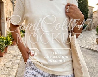 Komfortfarben 1717 Elfenbein Mockup C1717 Shirt Mockup Oversized T-Shirt Casual Outdoor Street Style Neutral Ästhetik PSD Script Natural