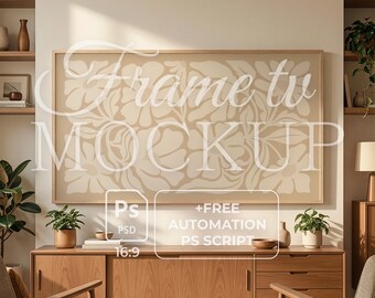 Boho Rahmen TV Mockup | Neutraler Rattanstuhl & Makramee | Boho Wohnzimmer | 16:9 Smart Objekt TV | Scandi Beige Interior PSD