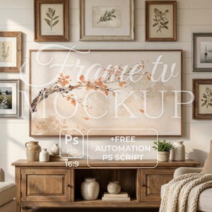 May include: A living room scene with a large framed artwork depicting a branch and several smaller botanical prints in frames. A wooden TV stand displays vases and a plant. The text "Frame tv Mockup" is visible.