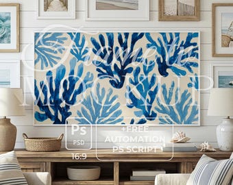 Küstenrahmen TV Mockup PSD | Hamptons Style Shiplap Wand | Strandhaus Innenbereich | 16: 9 Smart Objekt & Galeriewandrahmen | Sommer Dekor