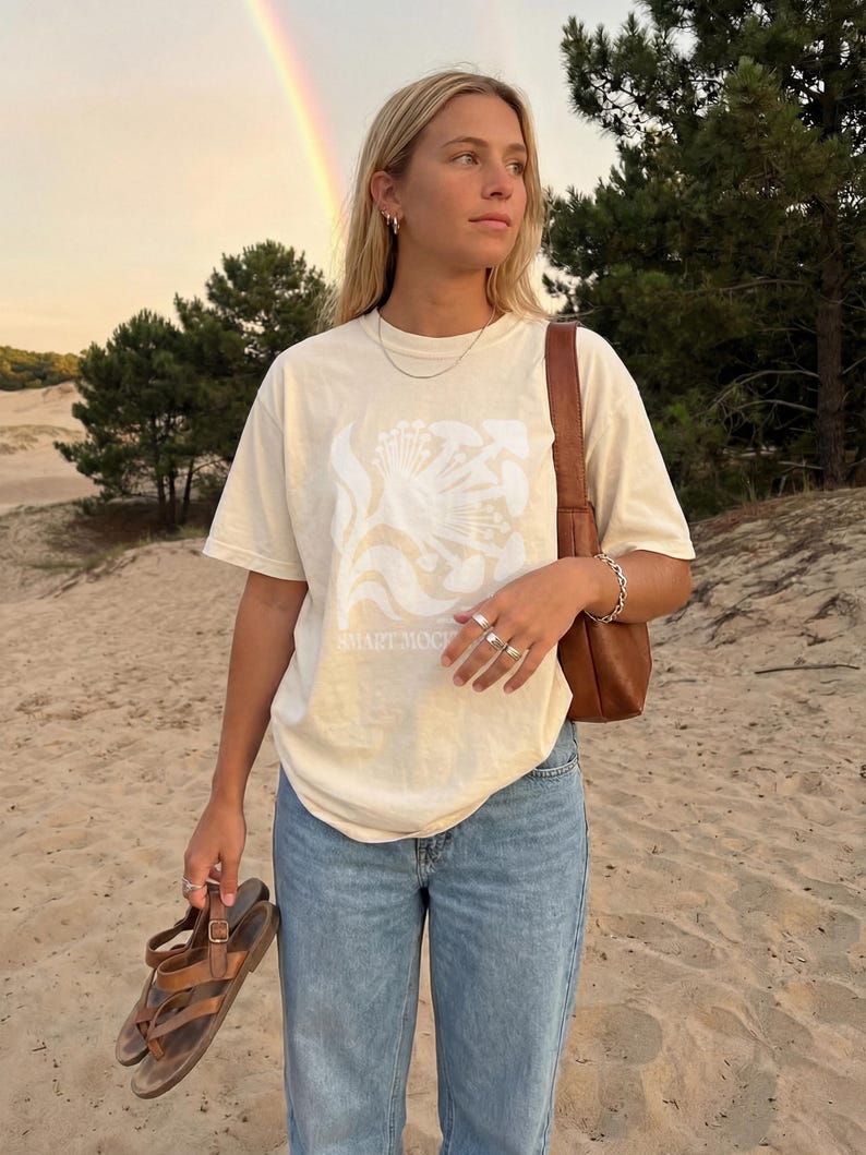 May include: Cream-colored t-shirt with a white floral design and the text "SMART MOCK". The person is wearing blue jeans and holding brown sandals. A brown leather bag is over the shoulder. A rainbow is visible in the background.