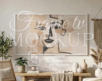 Japandi Weißer Rahmen TV Mockup | Skandinavisches Modernes Interieur | Japanesse Holzbank | Natürliches Sonnenlicht | TV Art Mode Anzeige | Smart Objekt PSD