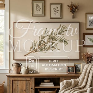 May include: A living room scene featuring a large framed artwork with a botanical illustration of rosemary. The room includes a wooden cabinet, framed botanical prints, and a cozy armchair with a cream-colored throw blanket. The image also includes the text "Frame tv MOCK UP" and "+FREE AUTOMATION PS SCRIPT".