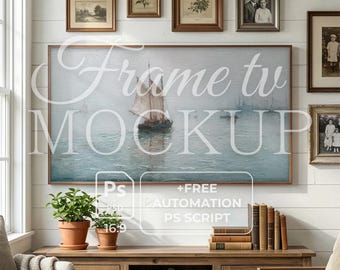 Cottagecore Rahmen TV Mockup | Rustikales Bauernhaus Mockup | Vintage Cabin Interior | Gemütliches Winter Wohnzimmer | 16: 9 TV Art Hintergrund PSD