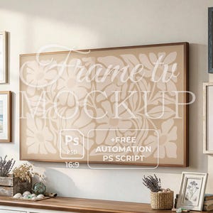 May include: A framed Frame TV Mockup with a floral design in beige and white. The frame is brown, and the text "Frame tv MOCKUP" is visible. Additional text includes "PS PSD 16:9" and "+FREE AUTOMATION PS SCRIPT".