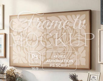 Küstenrahmen TV Mockup PSD | Hamptons Style Shiplap Wand | Strandhaus Innenbereich | 16: 9 Smart Objekt & Galeriewandrahmen | Sommer Dekor