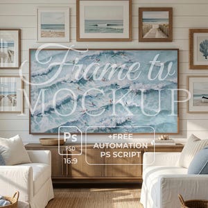 May include: A living room setting with a large framed artwork depicting surfers in ocean waves. Additional framed beach-themed art pieces are displayed on the white shiplap wall. The room includes white sofas, a wooden cabinet, and a woven rug. Text on the image reads "Frame tv MOCKUP".