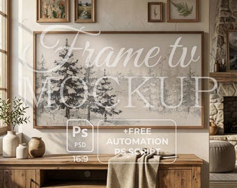 Cottagecore Rahmen TV Mockup | Rustikaler Steinkamin | Vintage Cabin Interior | Gemütliches Winter Wohnzimmer | 16: 9 TV Art Hintergrund PSD