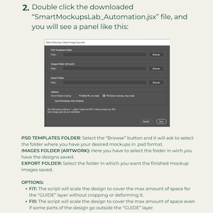 May include: Screenshot of a software interface with text instructions. The interface includes fields for file paths and options for scaling designs. Text explains how to use the software for mockups, including file format requirements and tips for video exports.