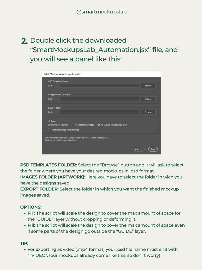 May include: Screenshot of a software interface with text instructions. The interface includes fields for file paths and options for scaling designs. Text explains how to use the software for mockups, including file format requirements and tips for video exports.