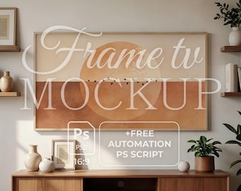 Neutral Beige TV Mockup | Skandinavisches Wohnzimmer-Interieur | Cremetöne & Holz | Boho Rahmen TV Kunst Display | PSD Ästhetische Dekoration