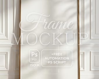 Minimalistisches ISO A Rahmenmockup psd | Vertikaler Bronzerahmen auf Boden | Smartobjekt | Enthält ein kostenloses Video- und Bild-Batch-Automation-Skript