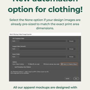 May include: A graphic promoting a new automation option for clothing. The text reads "New automation option for clothing!" and includes instructions for pre-sized design images. The image also shows a mockup video/image exporter interface.