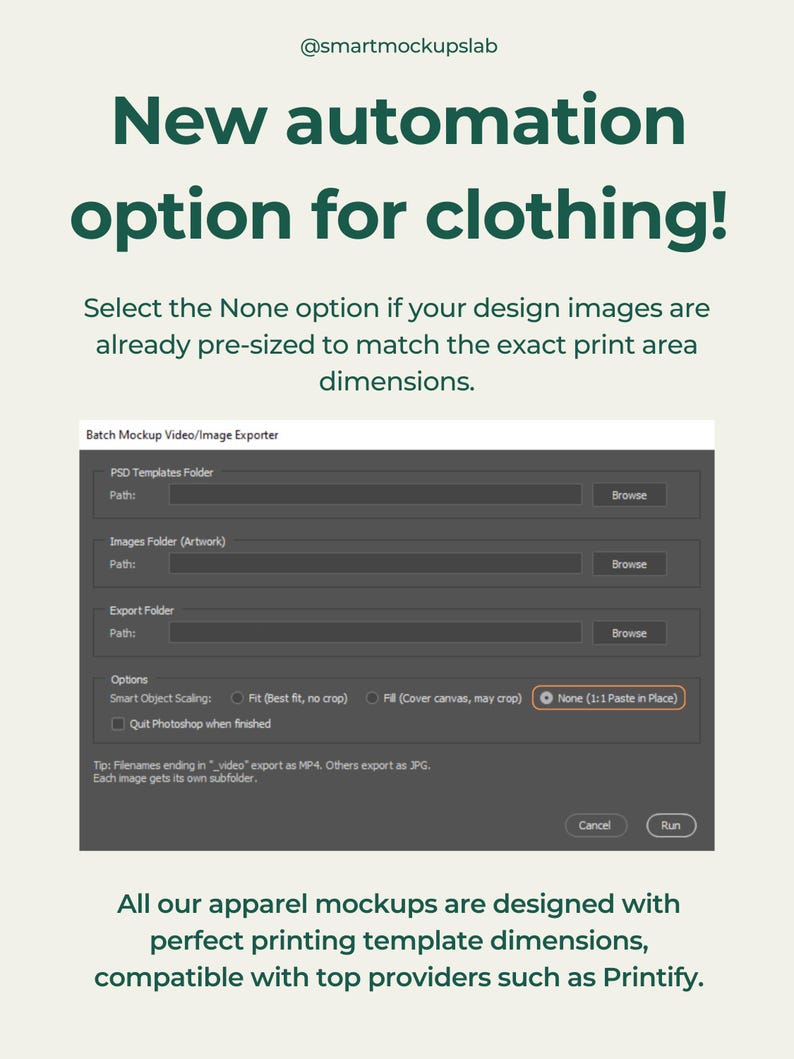 May include: A graphic promoting a new automation option for clothing. The text reads "New automation option for clothing!" and includes instructions for pre-sized design images. The image also shows a mockup video/image exporter interface.