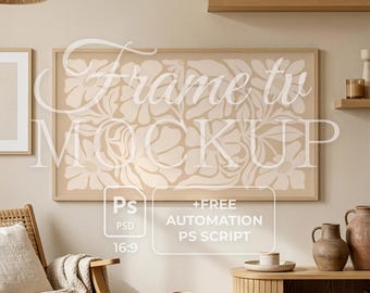 Japandi Frame TV Mockup | Warmes minimalistisches Wohnzimmer | Skandinavische Holz Konsole | 16: 9 Digital Art Display | Beige Ästhetisches Interieur PSD
