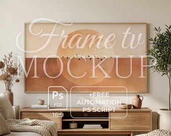 Japandi Frame TV Mockup | Warmes minimalistisches Wohnzimmer | Skandinavische Holz Konsole | 16: 9 Digital Art Display | Beige Ästhetisches Interieur PSD