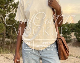 Comfort Colors 1717 Ivory Mockup C1717 Shirt Mockup Oversized T-Shirt Weiblich Modell Outdoor Beach Style Neutral Ästhetik PSD Script Natural
