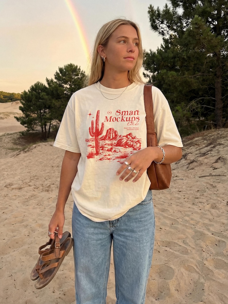 May include: Cream-colored t-shirt with a red desert landscape graphic and the text "Smart Mockups Lab." The shirt is paired with light blue jeans. A brown leather bag is worn over the shoulder, and brown sandals are held in the hand.