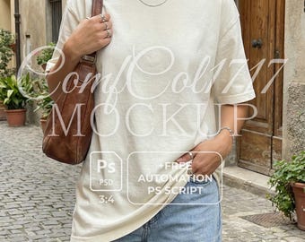Komfortfarben 1717 Elfenbein Mockup C1717 Shirt Mockup Oversized T-Shirt Casual Outdoor Street Style Neutral Ästhetik PSD Script Natural