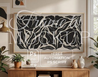 Boho Rahmen TV Mockup | Neutraler Rattanstuhl & Makramee | Boho Wohnzimmer | 16:9 Smart Objekt TV | Scandi Beige Interior PSD