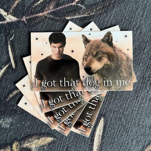Op de afbeelding: Een stapel rechthoekige kaarten met een man en een wolf met de tekst "I got that dog in me". De kaarten hebben een lichte achtergrond met zwarte steraccenten. De achtergrond is een donkere, bedrukte stof.
