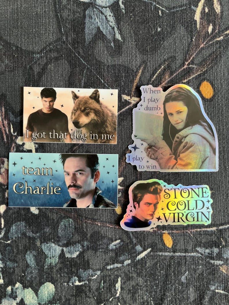 Op de afbeelding: Vier stickers met afbeeldingen en tekst. E&eacute;n toont een man en een wolf met de tekst "I got that dog in me." Een andere zegt "When I play dumb, I play to win." Een derde zegt "team Charlie." De laatste zegt "STONE COLD VIRGIN."