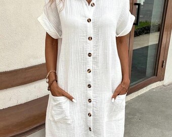 Vestido mini vintage liso para mujer, moda de verano, cuello en V, manga tres cuartos, vestido de lino y algodón, vestidos casuales para vacaciones para mujer