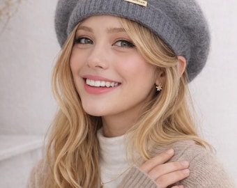 Women Solid Color Knit Beret – Warm 100% Wool Beret Hat, Elegant Winter Cap, French Artist Style